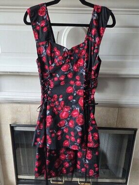 H&R London Gothic Rose Print Lace Up Fit & Flare Dress Size 12
